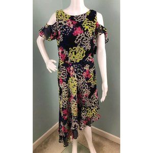 NWT Women’s Just Taylor S/S Black Floral Cold Shoulder Asymmetric Hem Dress 10